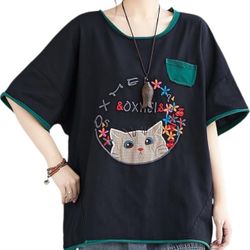 2xl Women's Plus Size Short Sleeved T-Shirt, Summer Loose and Versatile Casual Heavy Embroidery Top(pls choose black or green)