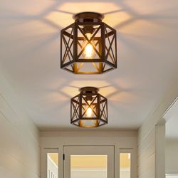 2 Pack Farmhouse Semi Flush Mount Ceiling Light, Industrial Black Hallway Light Fixture