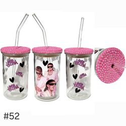 Peso Pluma Clear Glass Tumbler Cup 16 oz UV DTF Pink Design With Glass Straw