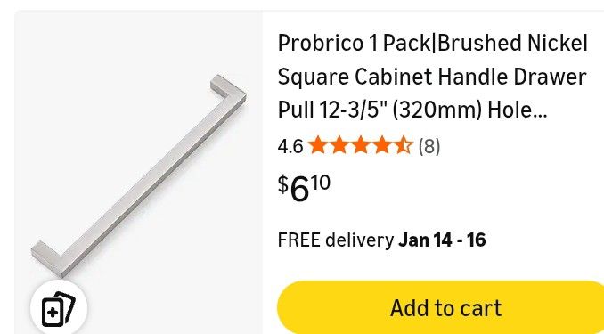 Probrico 1 Pack|Brushed Nickel Square Cabinet Handle Drawer Pull 12-3/5" (320mm) Hole Centers, Modern Stainless Steel Cabinet Pull Dresser Handle Kitc