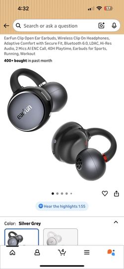 EarFun Clip Open Ear Earbuds, Wireless Clip On Headphones *Brand New