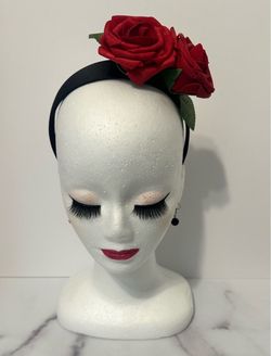 Black Headband with Red Rose Flower Accents