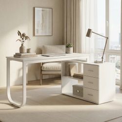 White L-Shaped Desk with Storage