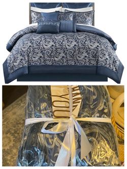 Regency Heights 8 Pieces Jacquard Comforter Set with Bedskirt and Decor Pillows, King, Navy