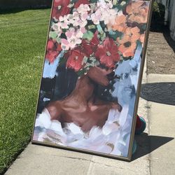 "Radiant Beauty: Captivating Portrait Painting of a Black Woman with Floral Accents"
