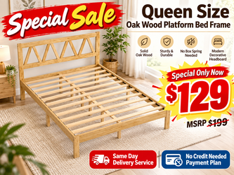 New box oak color wood queen size platform bed frame special
