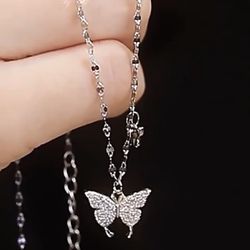 S925 Sterling Silver Butterfly Glitter Pendant Necklace 3g/0.11oz, for  Valentine's day gift 💝