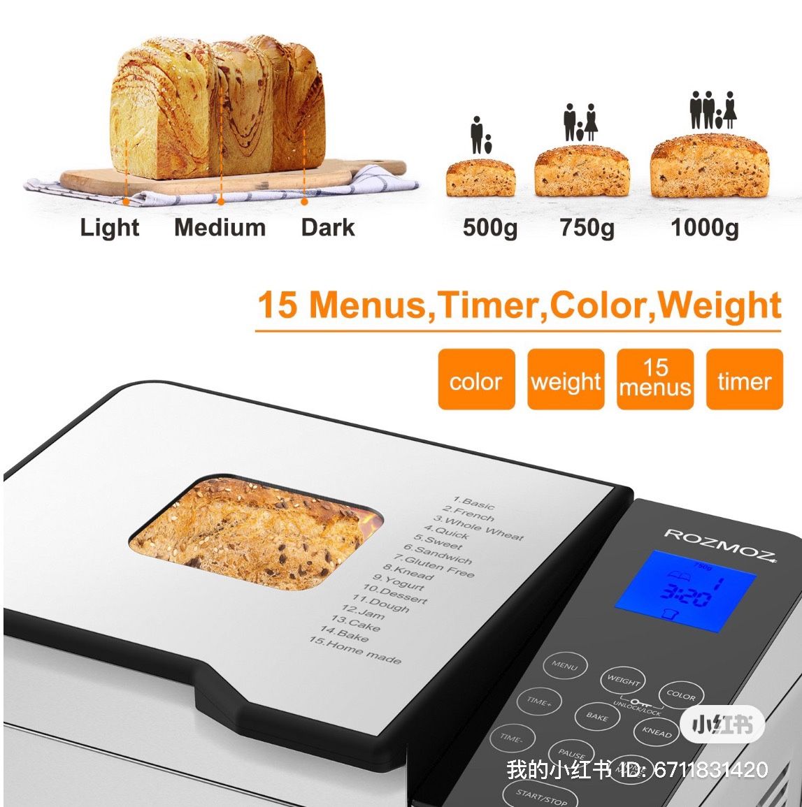 Rozmoz Bread Maker 15 Settings w/ 8 Accessories