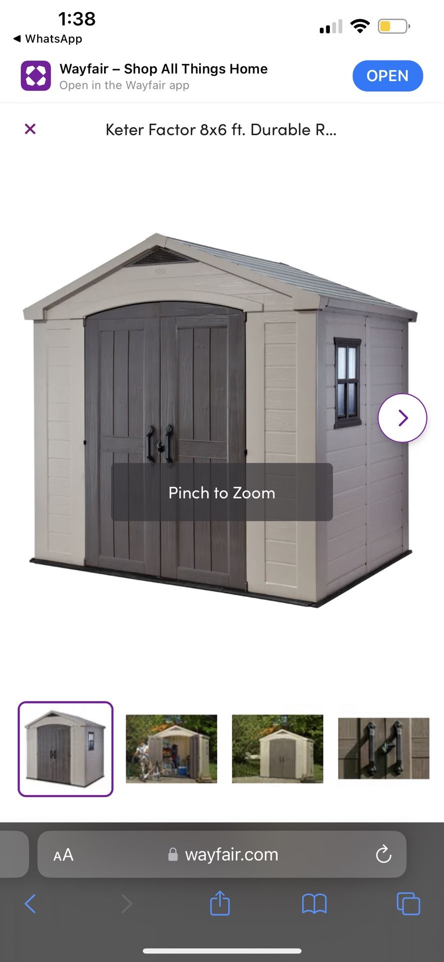 Keter Factor 8x6 ft. Durable Resin Outdoor Storage Shed With Floor and Double Doors for Garden Patio Furniture and Tools, Brown