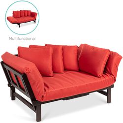 26" (H) Convertible Wood Sofa with Pullout Tray, 4 Removable Pillows, Red