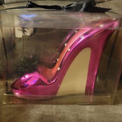 Pink High Heel Ceramic Piggy Bank Diamond & Black Feather Accents New