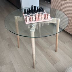 Round Glass Dining Table — Mid-Century, Light Wood Legs