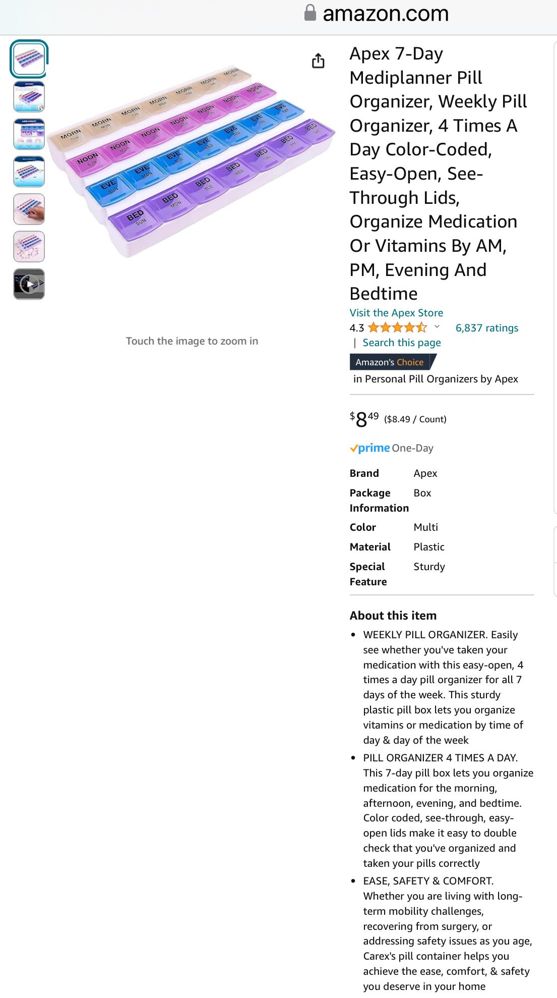 Pill Or Vitamin organizer Apex 7 Day Weekly 4 Times A Day $8
