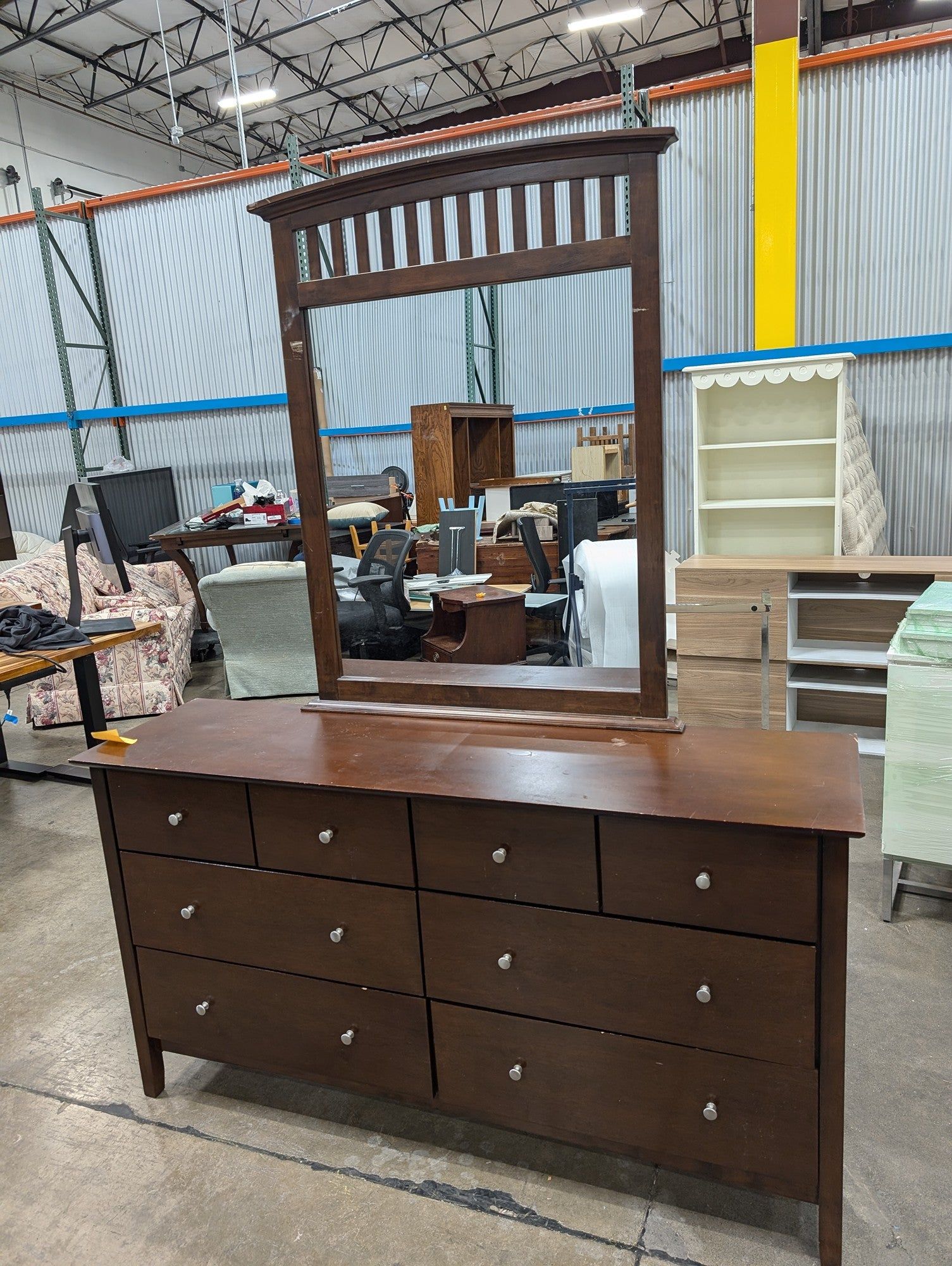 Dark Brown Wood Dresser with Mirror, Eight Drawer Storage Chest