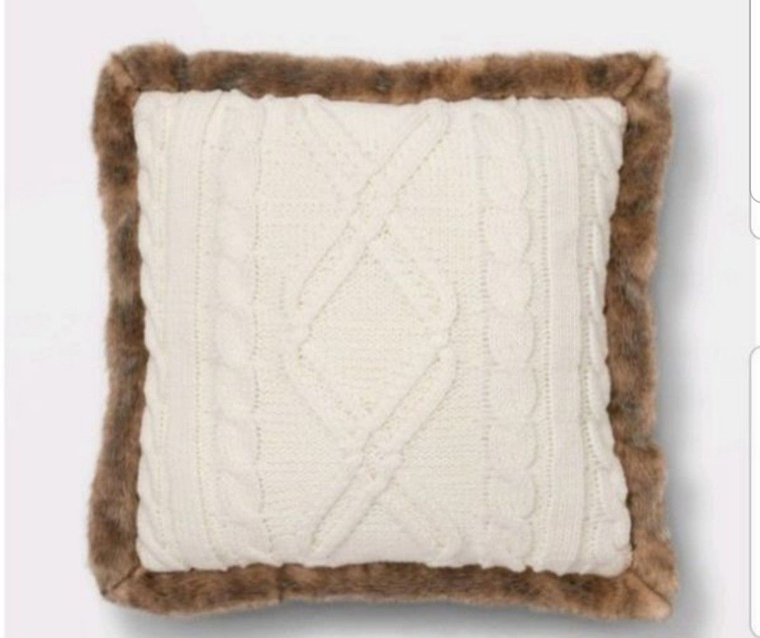 Acrylic Cable Knit with Faux Mink Reverse & Faux Fur Trim Square Throw Pillows White Set of 2 - Threshold