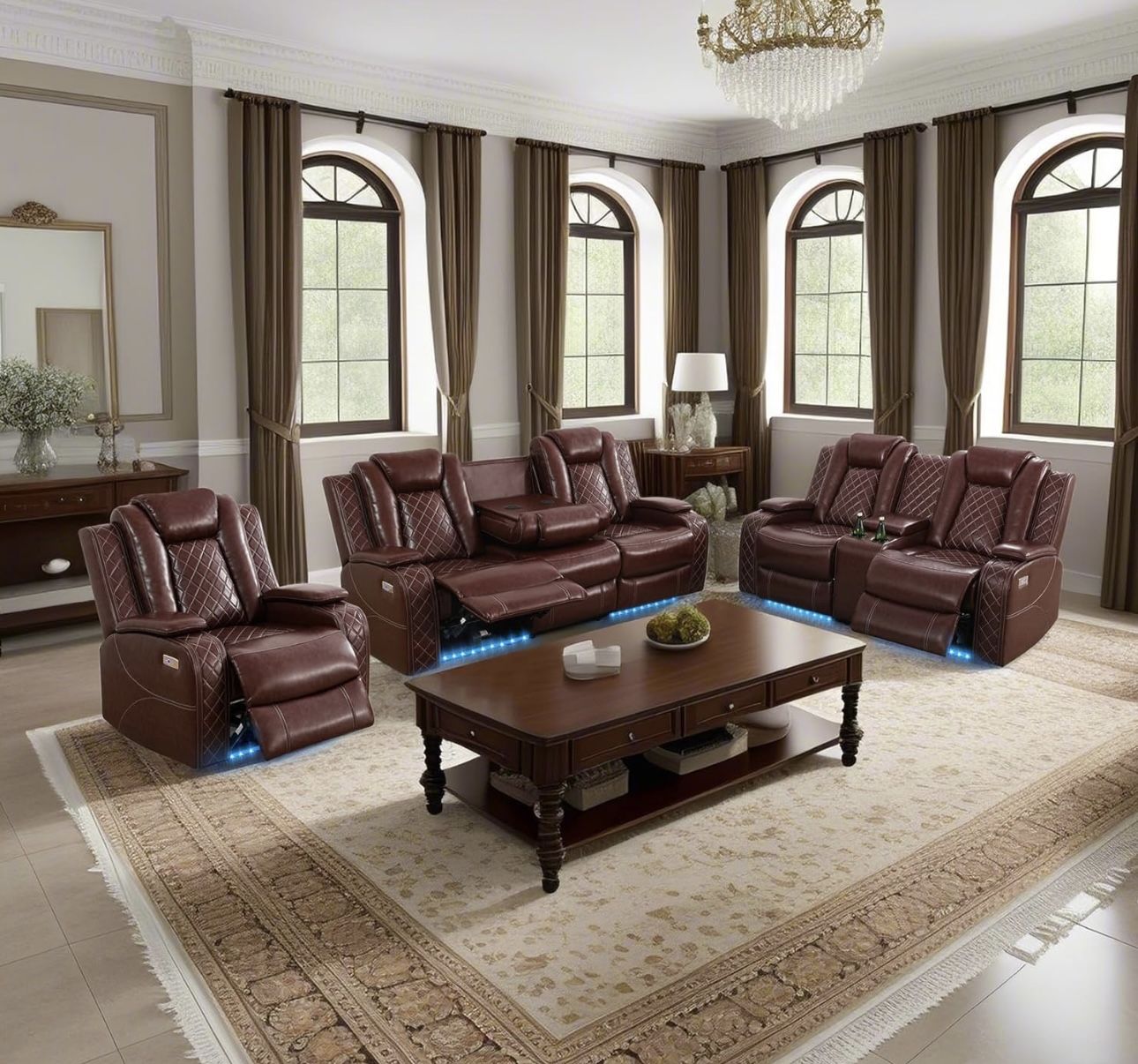 Power Electric Brown Leather Fully Reclining Couch Set