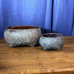 Vintage Woven Rattan / Wicker Nesting Baskets • Set of 2