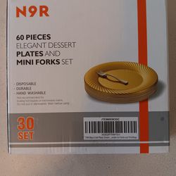 N9R 60pcs Gold Elegant Dessert Plates And Mini Forks Set (30 Plates & 30 Forks)