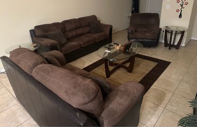 Complete Living Room Set – Sofa, Loveseat, Recliner + Glass Coffee & End Tables – $900