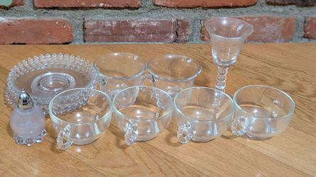 Vintage Imperial Candlewick, 4 coffee cups and saucers, 2 punch bowl cups, a brandy glass, and a salt shaker