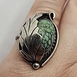 Turquoise ring size 5 Art Deco Nouveau leaf sterling silver women