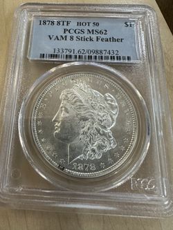 1878 8TF HOT 50 VAM 8 Stick Feather Morgan Silver MS 62 Book Value $500