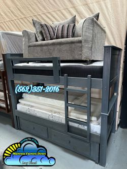 New Bunk Bed Solid Wood Gray Triple Mattress Bundle Set+ Trundle Drawer Pull Out Bed Litera Gris Con Tres Colchones