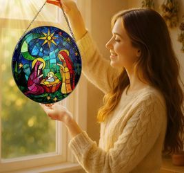 8'' Stained Glass Window Hanging, Nativity Scene