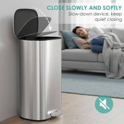 8 Gallon / 30L Step Kitchen Trash Can W/Slow-Closing Lid & Handle, Oval Kitchen Garbage Can W/Removable Inner Bucket & Foot Pedal, Brushed Stainless S