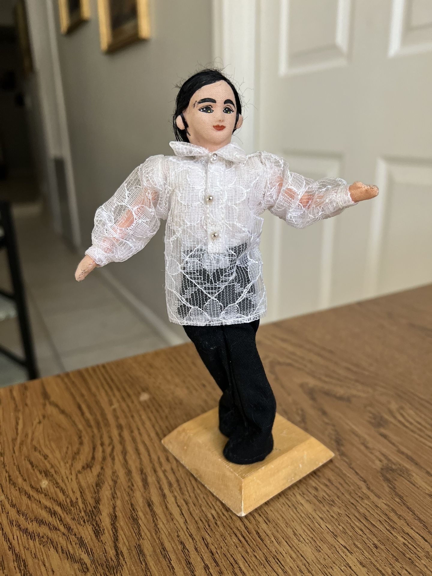Rare 7" T by 2.5 x 2.5" Tall Greek Male Dancer Doll on Stand White Lace Shirt