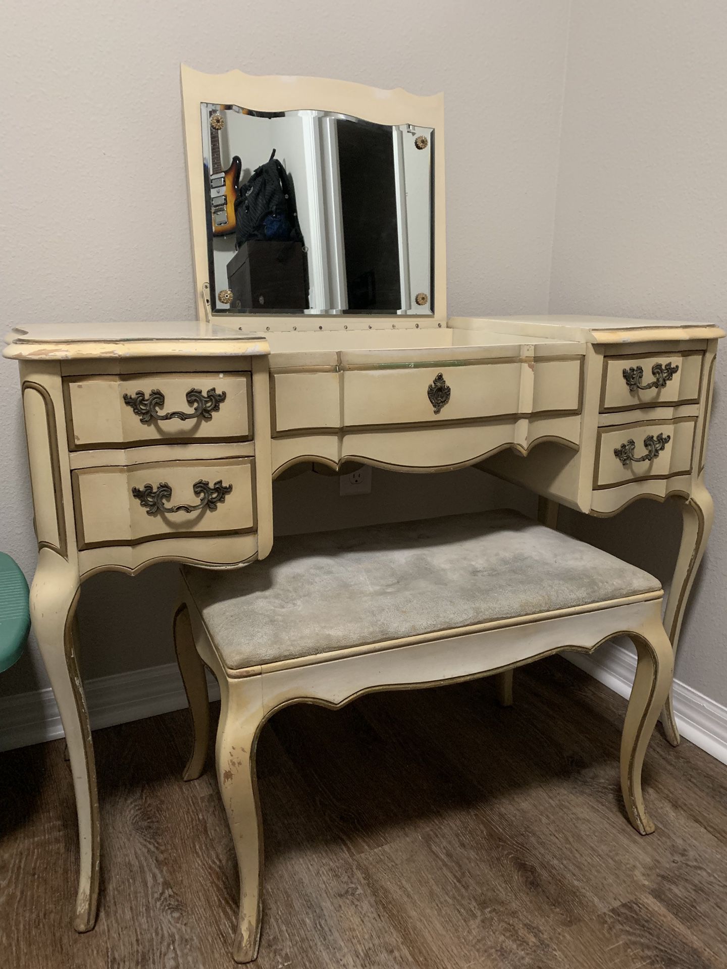 Antique vanity with mirror & matching stool
