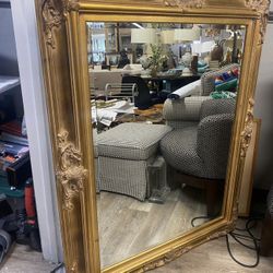 Large Mirror French Baroque Antique Ornate Painted Gold Leaf Stencilled - 51” x 41” 