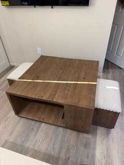 Wood Coffee Table with Storage and Ottomans
