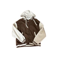 brown and beige varsity jacket