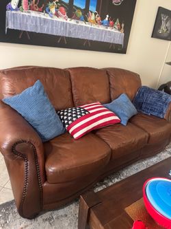 Brown Leather 3-Seat Sofa with Nailhead Trim, estate sale Make Offer individual or bundled.