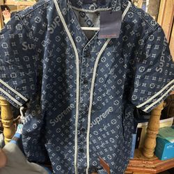 Supreme x Louis Vuitton LV All Over Monogram Denim Baseball Jersey