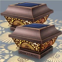 6356: New Solar Post Lights 2 Pack Post Cap Solar Lights Outdoor Waterproof Metal 25 Lumen Warm White LED Lighting for 3.5x3.5 4x4 5x5 Wooden Fence Po