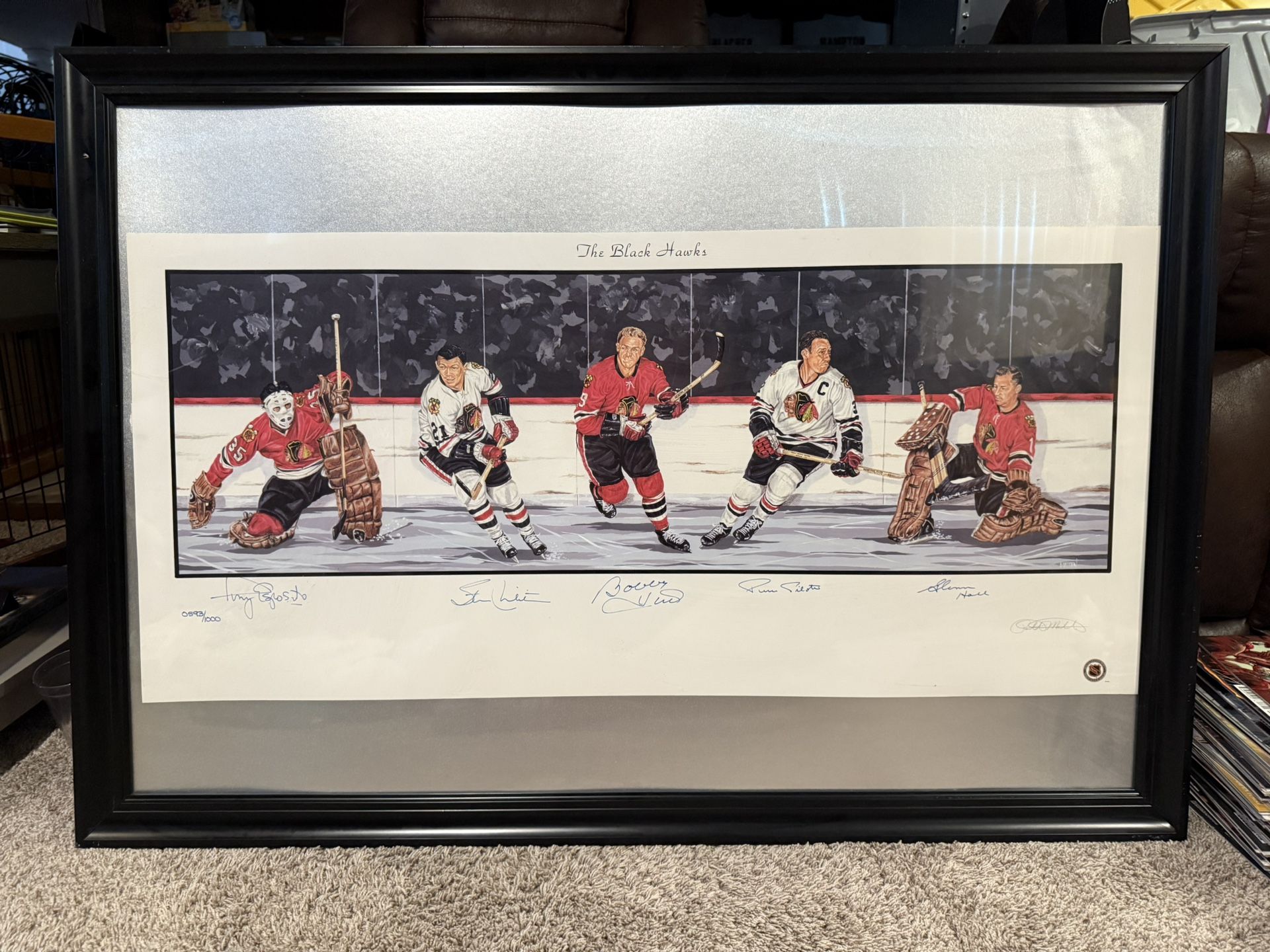 The Blackhawks signed & numbered 593/1000 artwork Esposito Mikita Hull Pilote Hall HOF NHL Chicago