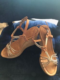 COACH Metallic Leather Strappy Cork Wedge Sandals