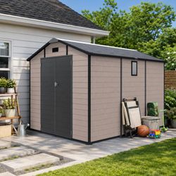 8x10 FT Plastic Outdoor Storage Shed - Lockable Resin Tool Shed with Window & Floor, Champagne