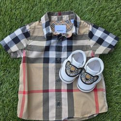 Burberry White Thomas Bear Pre-Walkers Baby Shoe + Short-Sleeve Shirt, Size 12M