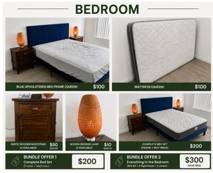 Bedroom furniture - bed frame, mattress, bedside tables, lamps