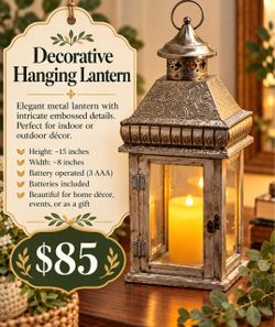 Vintage Style Ornate Silver Metal Hanging Lantern with LED Candle