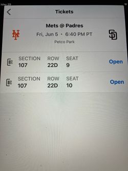 2 PADRES/ METS TICKETS, FRIDAY, 6/5, SEC 107, ROW 22D
