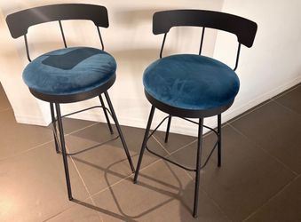 Blue Velvet Counter Stools (Set of 2) – 38” Tall – Excellent Condition