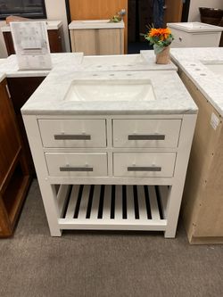 30” White Solid Wood Bathroom Vanity With Marble Top (V1248)