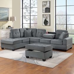 Brand New Grey Sectional Sofa w Storage Ottoman 