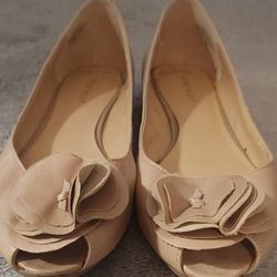 Nine West SIZE 8 Jemmy Nude Leather Flower Peep Toe Flats