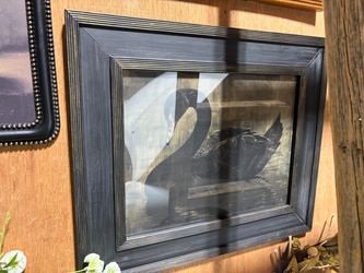 Handmade swan art with wood glass and black frame