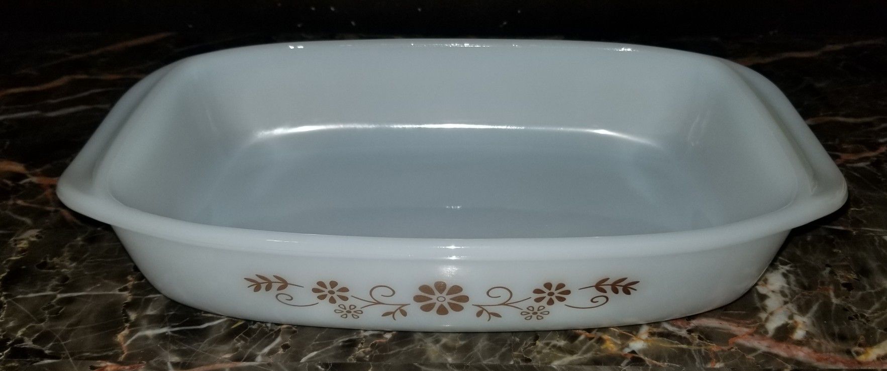 Vintage Pyrex Dynaware Brown Floral Oblong Baking Dish 10.5 x 6 Pyr-o-rey Milk Glass